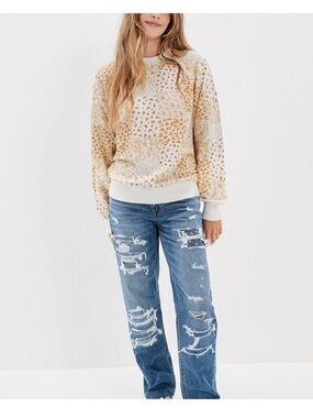 American eagle Women's Cream Gold Floral Patchwork paisley western Sweater sz S